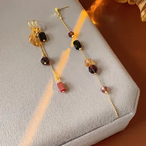 Long Tassel Dangle Earrings Vintage Asymmetric Glass Beads Copper With Silver Earring Post Bohemian Style For Women