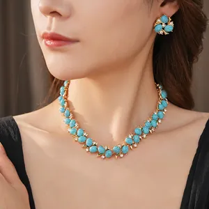 Vintage gold necklace and flower zircon earrings set with blue turquoise center stones