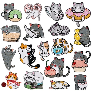 Set of 16 cute cartoon cat embroidery patches in colorful assorted styles for DIY