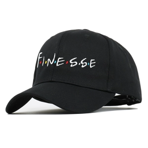 Classic black cotton baseball cap with colorful Finesse embroidery and curved brim