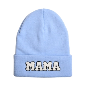Sky blue knitted beanie featuring white chenille MAMA letter embroidery on the cuff