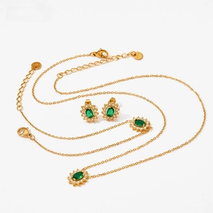 Vue détaillée d'une parure de bijoux vert émeraude avec collier, bracelet et boucles