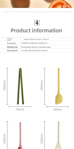Detailed size chart for magnetic silicone kitchen tools set with 5 unique utensils