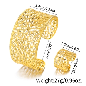 Detailed view of gold hollow flower bangle and ring set with precise dimension markings