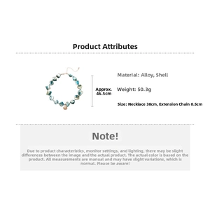 Detail of turquoise shell necklace featuring alloy seashell charm and measurement specs