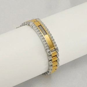 Two-tone stainless steel men's watchband bracelet with gold and silver cable inlay
