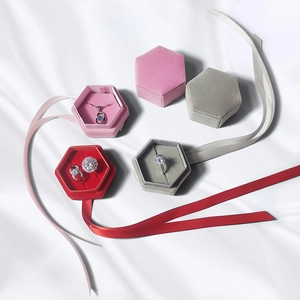 Hexagon velvet jewelry gift box with ribbon for rings and necklaces in multiple colors