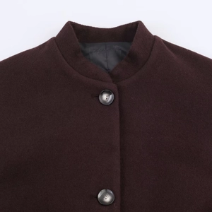 Long wool coat in dark brown with stand collar and detailed brown round buttons