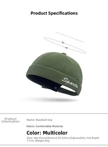 Detail view of dark green docker hat showing sports embroidery and size specifications