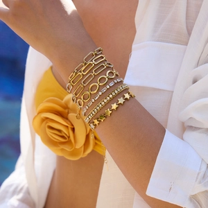 Parure de bracelets en acier doré 18 carats avec zircons blancs et maillons ovales