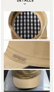 Detail view of cotton military cap featuring inner plaid lining and SPIRIT embroidery