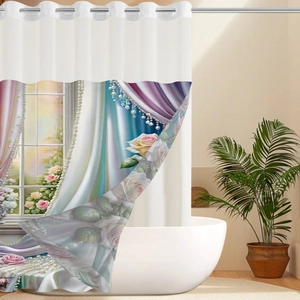 Detail view of 3D rose and pearl digital print on waterproof polyester shower curtain