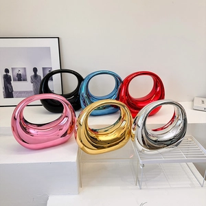 Women Mirror Finish Acrylic PVC Handbag Sculptural Hollow Handle Crescent Evening Party Clutch Metallic Fashion Purse