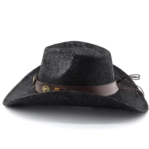 Detail of black faux snakeskin cowboy hat with leather band and gold bull head buckles