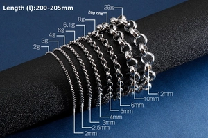 Size guide for stainless steel rolo link chains showing length and width variants