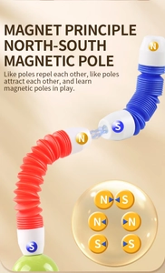 Detailed view of colorful magnetic pop tubes showing N and S polarity connectors