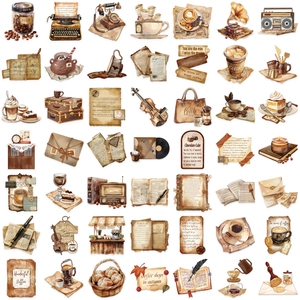 Set of 50 vintage waterproof PET stickers featuring coffee cups and retro objects