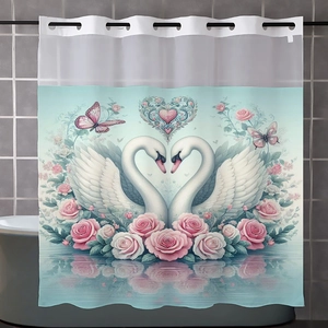 Detail of waffle weave shower curtain featuring romantic swan heart and pink roses design
