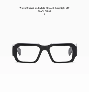 Detail view of glossy black rectangular frame with clear anti-blue light lenses