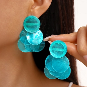 Vibrant turquoise layered round disc drop earrings with iridescent shell-like finish