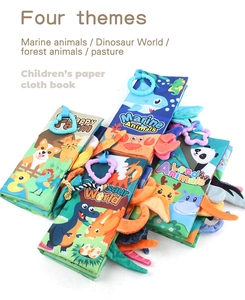 Detailed set of 4 sensory baby cloth books featuring colorful 3D animal tails and hanging rings