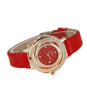 Elegant ladies watch with red leather strap and diamond-encrusted gold round case