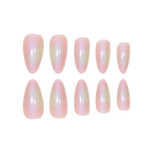 Iridescent pink almond press-on nails with pearl aurora gradient finish, 10 pieces set