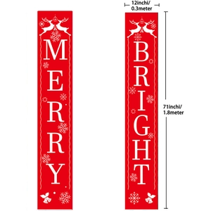 Detail showing 71x12 inch red Merry Bright Christmas banners with reindeer and snowflake patterns