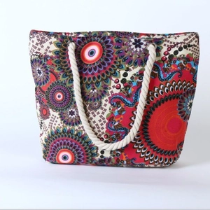 Ethnic canvas tote bag with mandala print and thick cotton rope handles for women