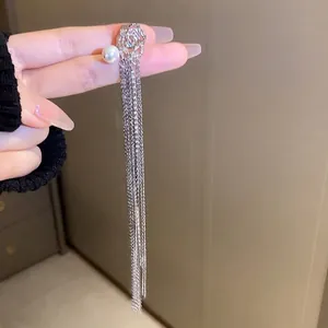 Elegant silver rose tassel clip-on earrings with white pearl and long hanging metal chains