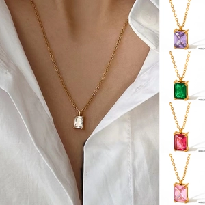 Stainless Steel Gold Plated Necklace For Women Emerald Cut Rectangle Cubic Zirconia Pendant Elegant Jewelry Gift