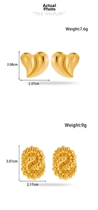 Detail view of gold heart and spiral textured earrings with precise size and weight specs