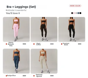 Close-up of high-elasticity yoga bra and leggings set in five athletic colors