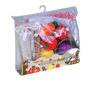 Kids kitchen role play set with toy vegetables and apron in transparent packaging
