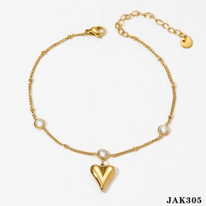 Chevillère dorée avec pendentif cœur en zircon et chaîne à billes réglable pour femme
