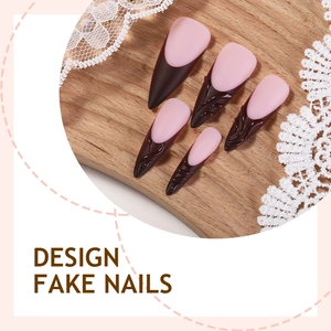 Long almond fake nails with matte nude base and 3D textured chocolate French tips