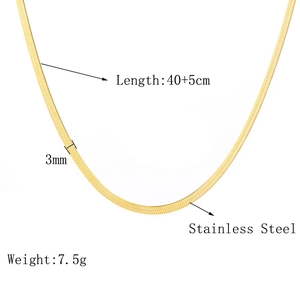 Detailed view of a 3mm wide golden stainless steel snake chain necklace with dimensions
