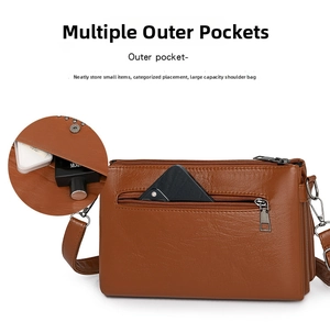 Close-up of caramel brown PU leather crossbody bag with multiple zipper pockets