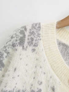 Close-up of white and grey loose knit mohair sweater with plush texture and ribbed collar
