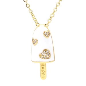 Popsicle pendant necklace in gold and white enamel with heart zircon and HAPPY engraving