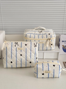 Quilted Cotton Makeup Bag Starry Geometry Pattern Large Capacity Portable Travel Toiletry Storage Organizer For Women
