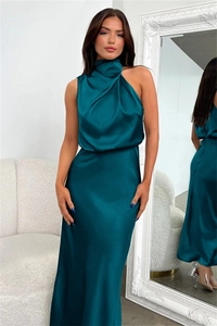 Detail of elegant dark teal satin dress with high neck and silk-like glossy finish