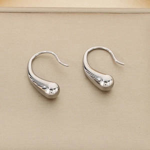Detailed view of silver water drop hook earrings with polished titanium steel finish