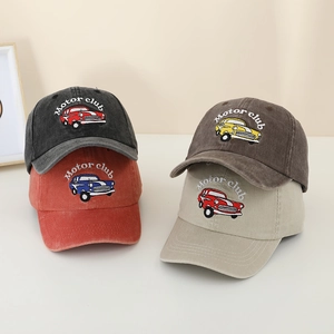 Kids vintage washed cotton baseball caps with motor club embroidery in four colors