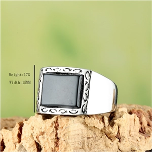 Bague Chevalière Vintage Pour Hommes En Acier Inoxydable Avec Agate Noire Rectangulaire Ou Oeil De Tigre Polie