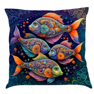 Artistic ocean series fish print linen pillowcase with colorful swirl patterns