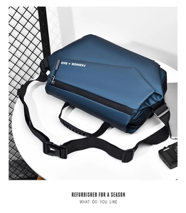 Detail of waterproof dark blue functional crossbody bag with reinforced handle and buckles