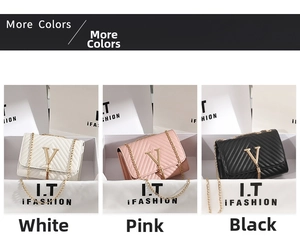 Close-up of V-quilted faux leather crossbody bags with chain straps in multiple colors