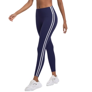 Legging de yoga bleu marine à taille haute avec bandes blanches sur les côtés