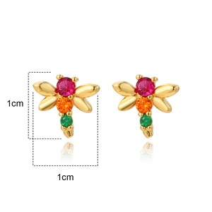 Detailed view of dragonfly earrings with colorful crystals and 1cm size measurement